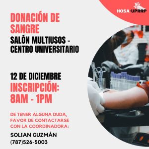 Anuncio sobre donación de sangre el 12 de diciembre en el centro universitario