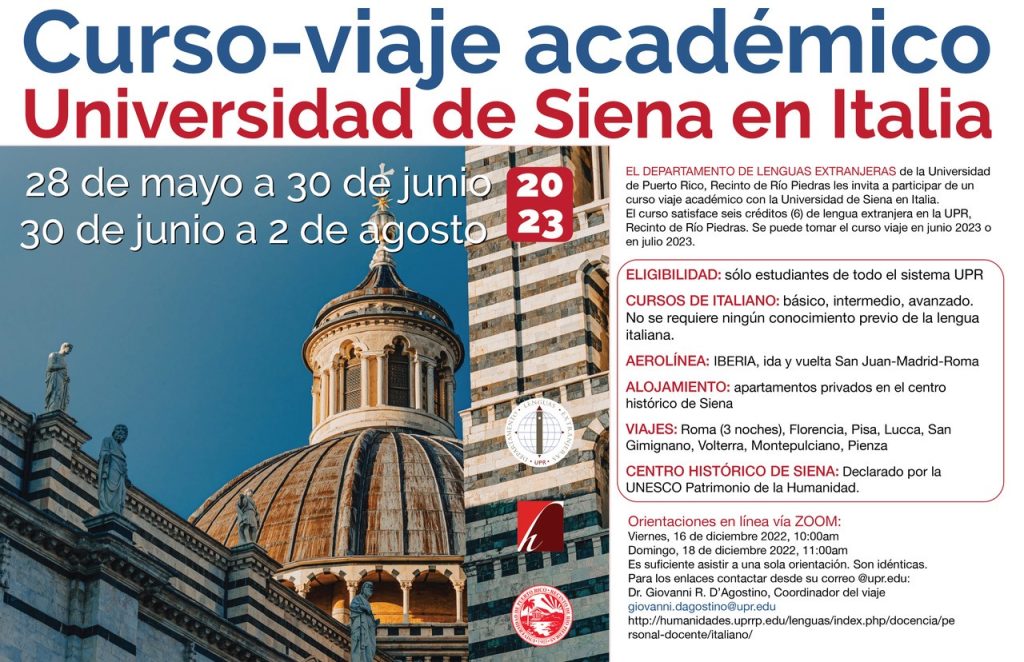 Anuncio sobre viaje académico a la Universidad de Siena en Italia del 28 de mayo al 30 de junio y del 30 de junio al 2 de agosto de 2023