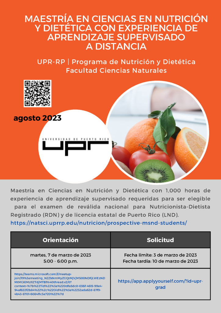 Anuncio de maestría en nutrición y dietética con experiencia de aprendizaje supervisado a distancia de la facultad de ciencias naturales