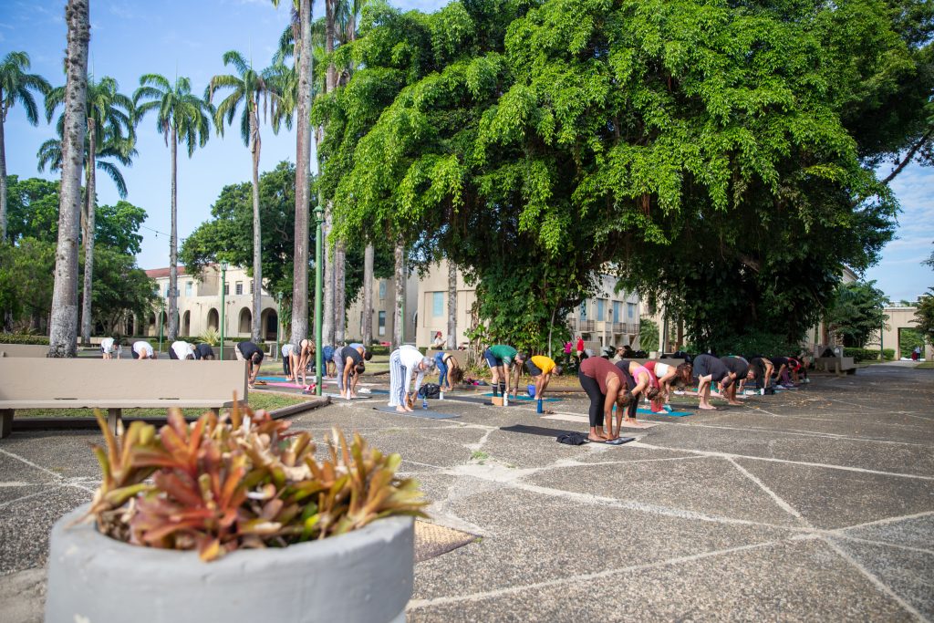 Sesión de yoga en el cuadrángulo UPR