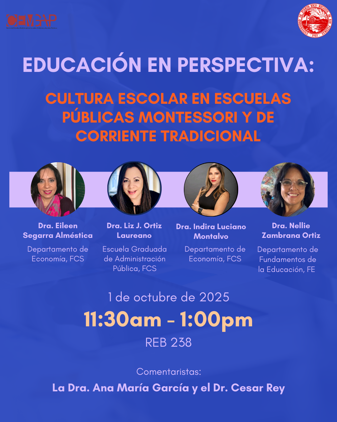 Conversatorio "Educación en Perspectiva: Cultura Escolar en Escuelas Públicas Montessori y de Corriente Tradicional" el 1 de octubre a las 11:30am en REB 238