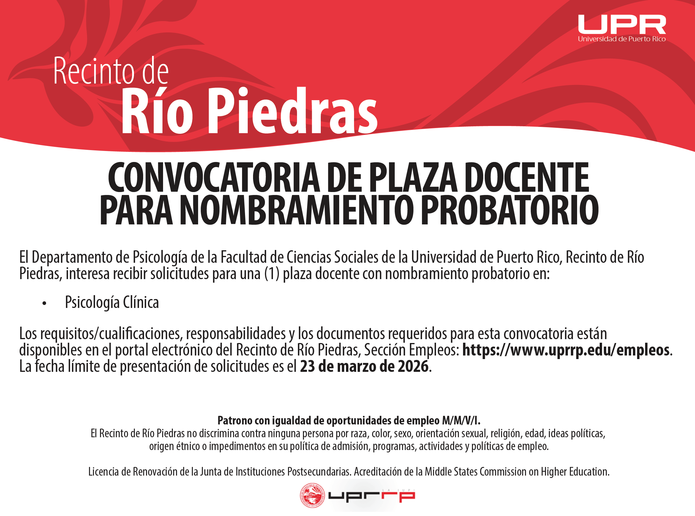 Convocatoria de Plaza Docente para Nombramiento Probatorio: Psicología Clínica