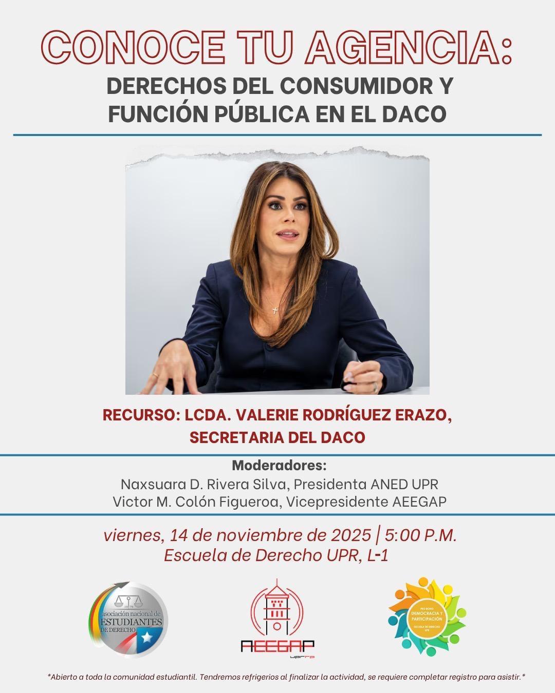 Conoce a tu Agencia: Derechos del consumidor y función pública en el DACO el 14 de noviembre a las 5:00pm en la Escuela de Derecho