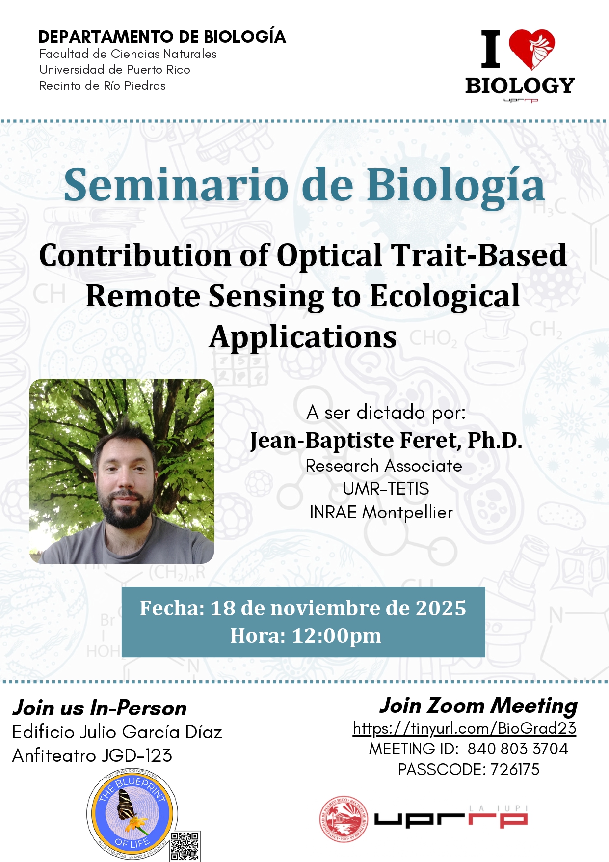 Seminario de Biología: Contribution of Optical Trait-Based Remote Sensing to Ecological Applications el martes 18 de noviembre a las 12:00pm virtual por Zoom