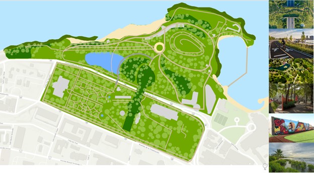 Ilustracion propuesta Parque Ecologico Costero El Escambron Luis Muñoz Rivera desarrollada por estudiantes de la Escuela Graduada de Planificacion