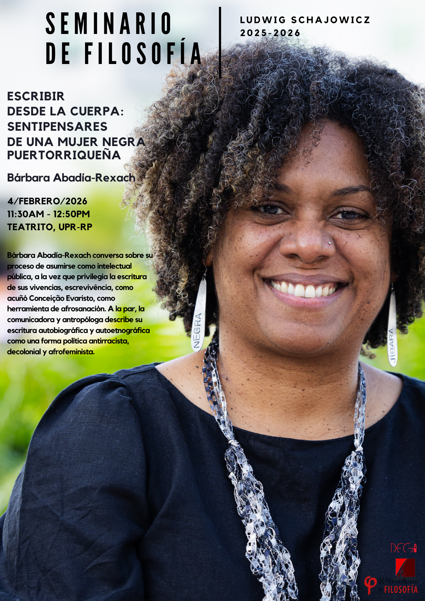 Seminario - Escribir desde la cuerpa: Sentipensares de una mujer negra puertorriqueña el 4 de febrero a las 11:30am en el Teatrito