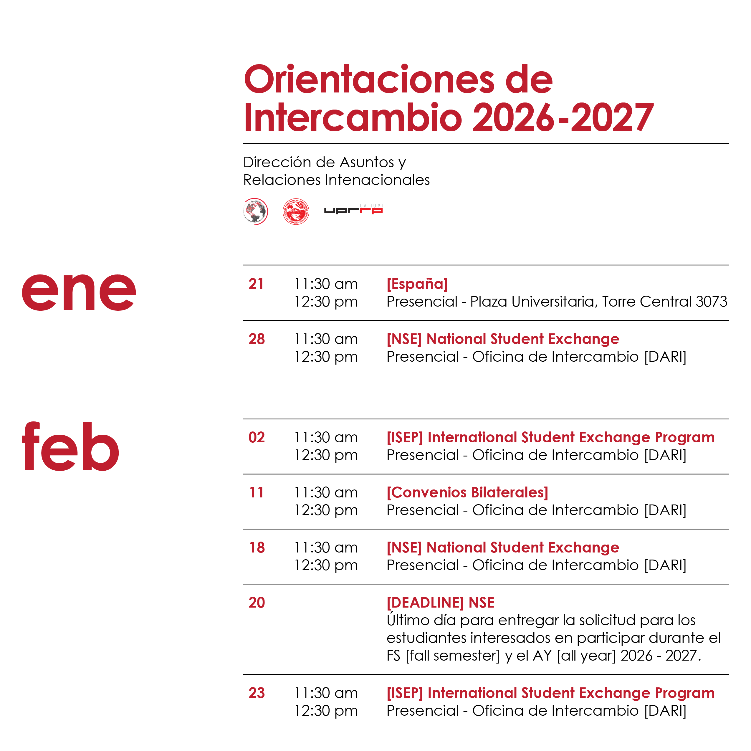 calendario de las orientaciones que se ofrecerán este semestre de intercambio
