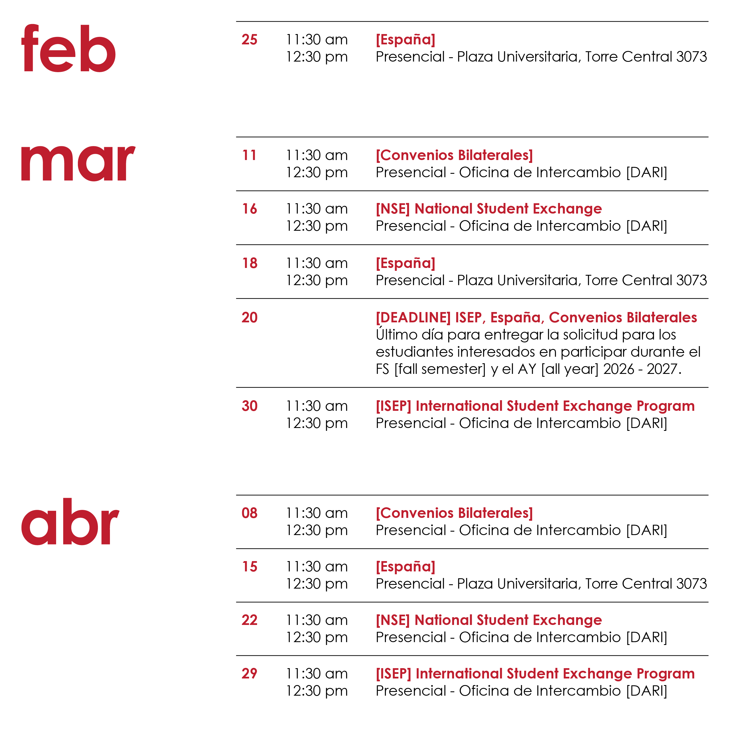 calendario de las orientaciones que se ofrecerán este semestre de intercambio
