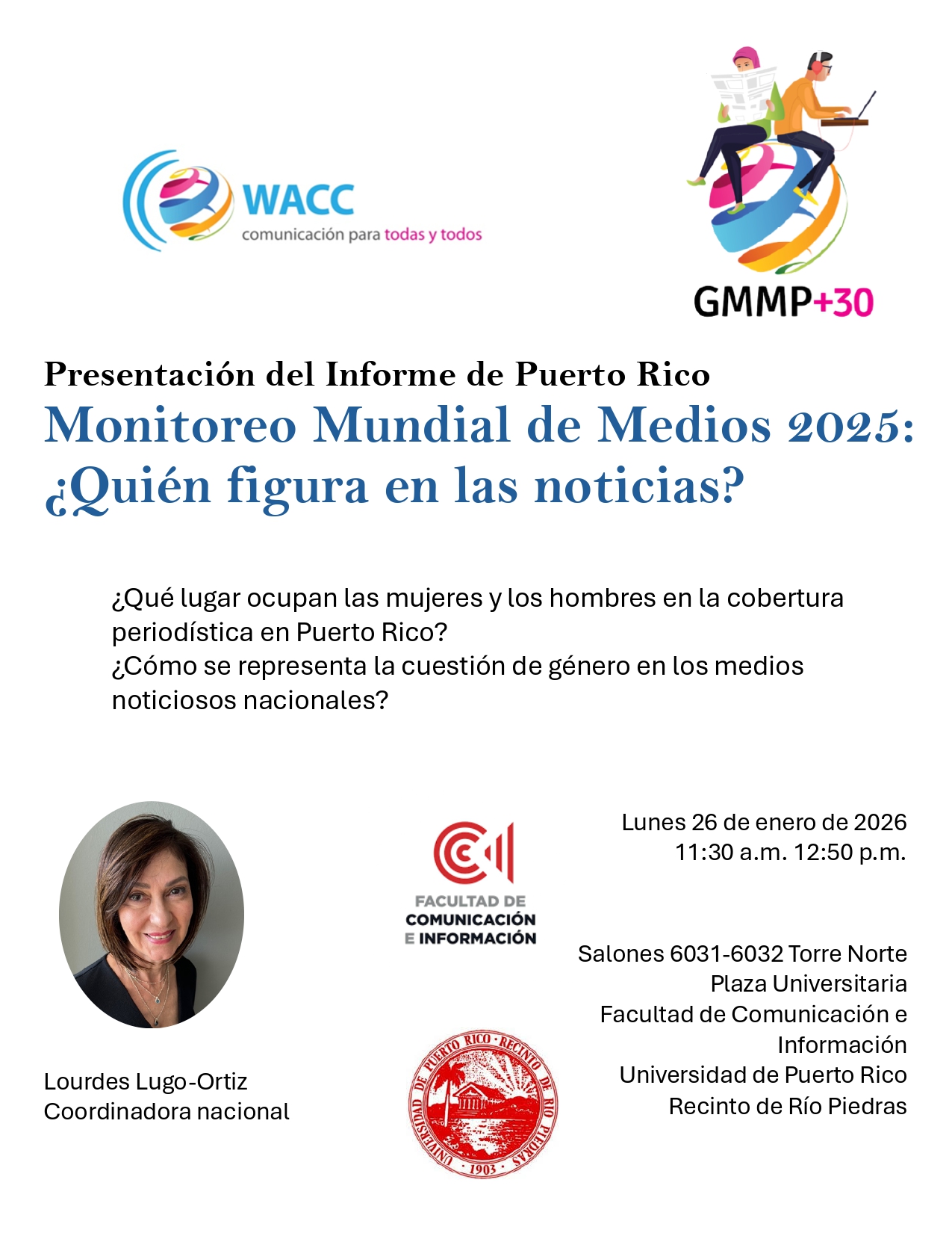 Presentación Monitoreo Mundial de Medios 2025 el 26 de enero de 2026 a las 11:30am en Salón 6031