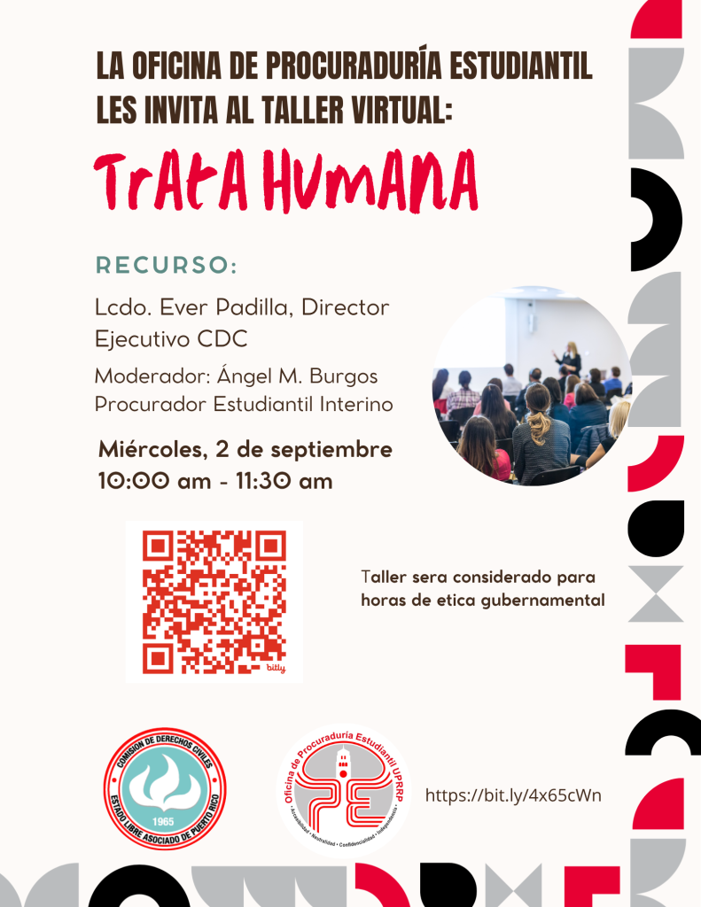 Taller Trata Humana. 2 septiembre 2026. 10:00 am a 11:30 am. Enlace https://bit.ly/4x65cWn